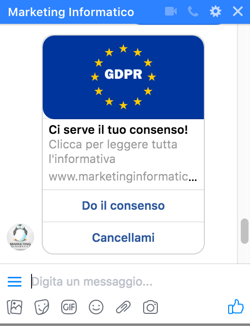 Esempio di consenso chiesto via chatbot